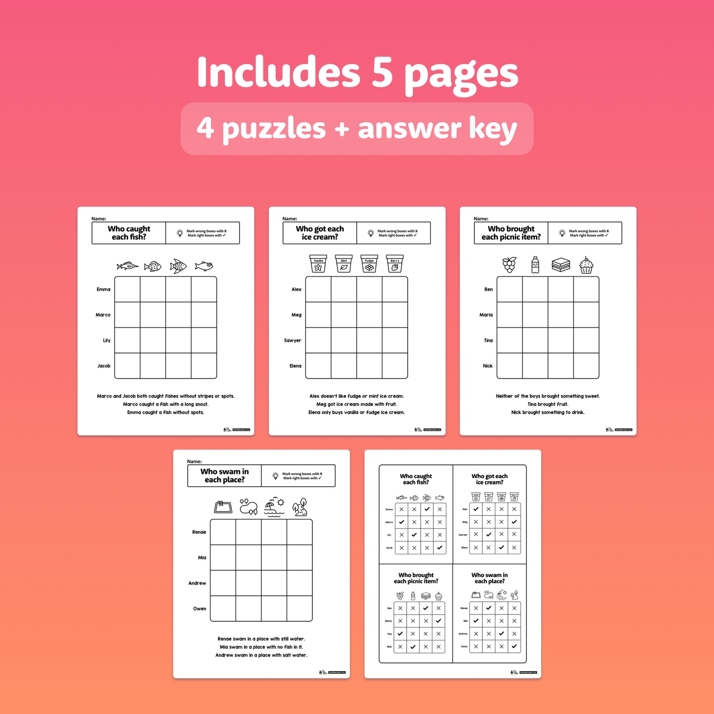 Five logic puzzle worksheets and an answer key are displayed.