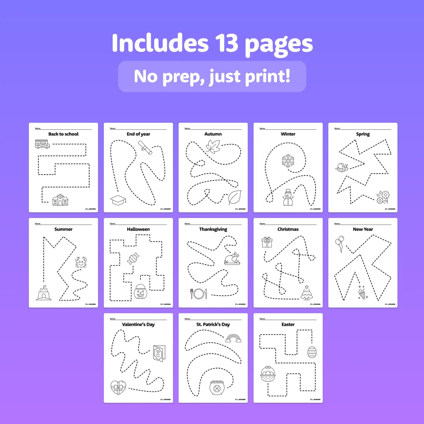 Thirteen worksheets with different tracing line patterns and seasonal illustrations.