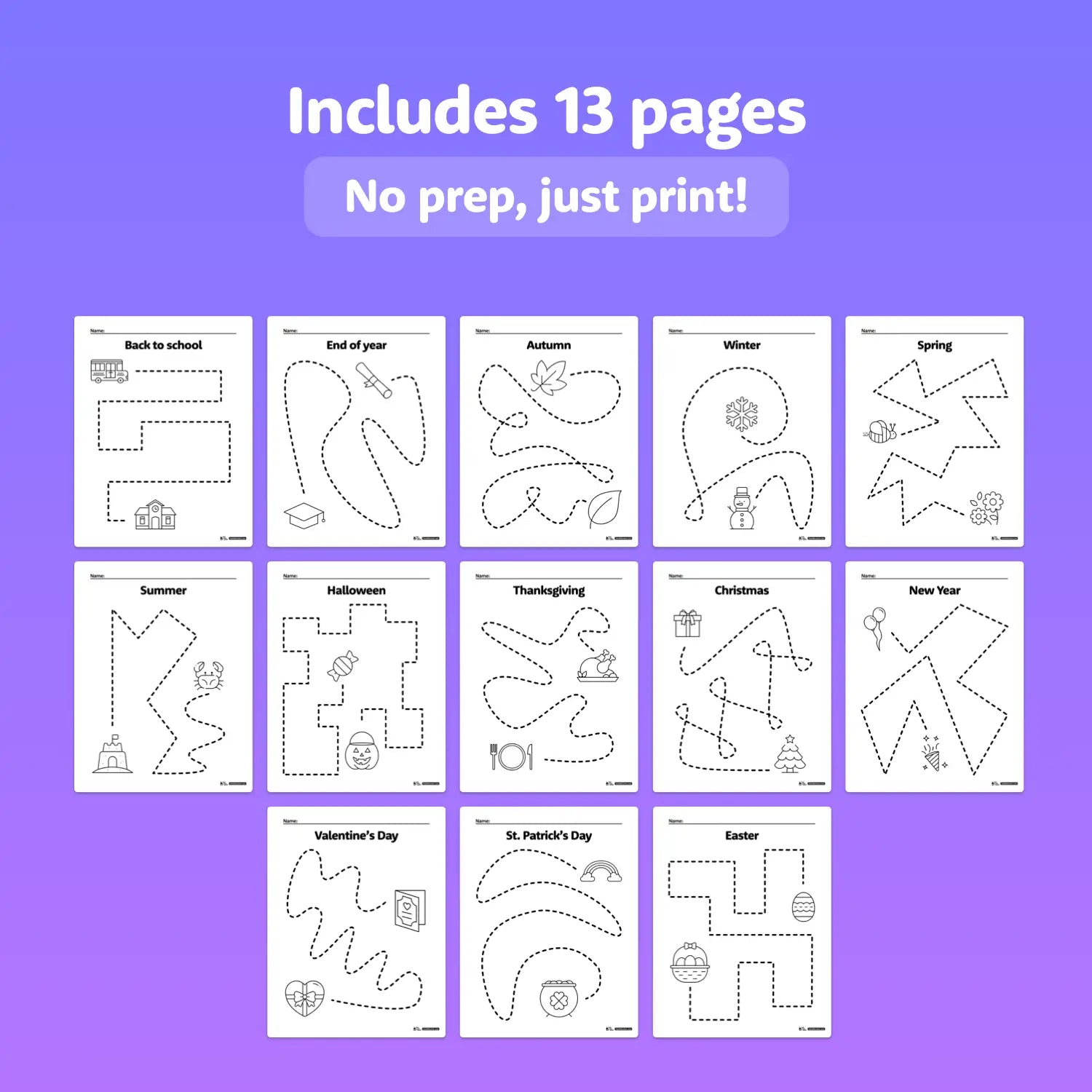 Thirteen worksheets with different tracing line patterns and seasonal illustrations.
