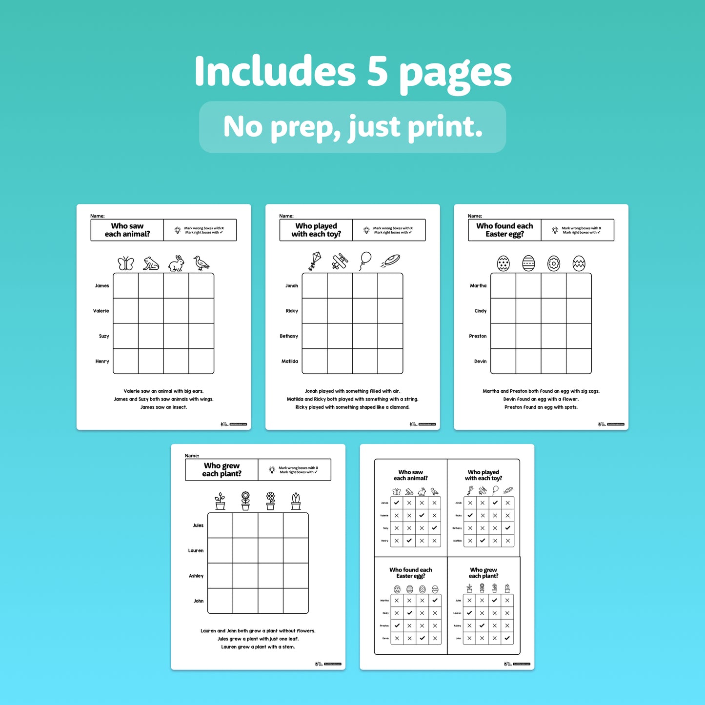 Five printable worksheets for kids with spring-themed logic puzzles.