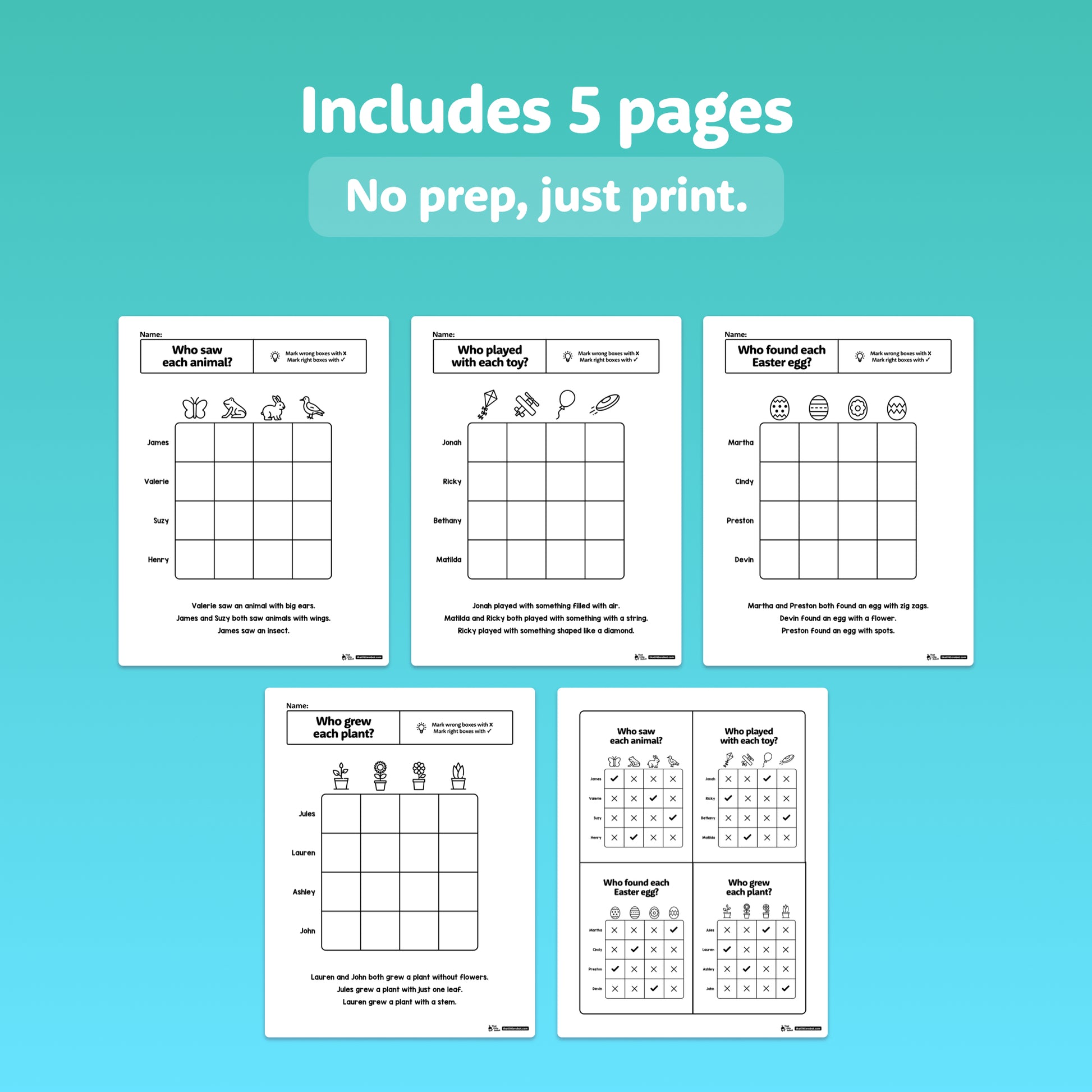 Five printable worksheets for kids with spring-themed logic puzzles.