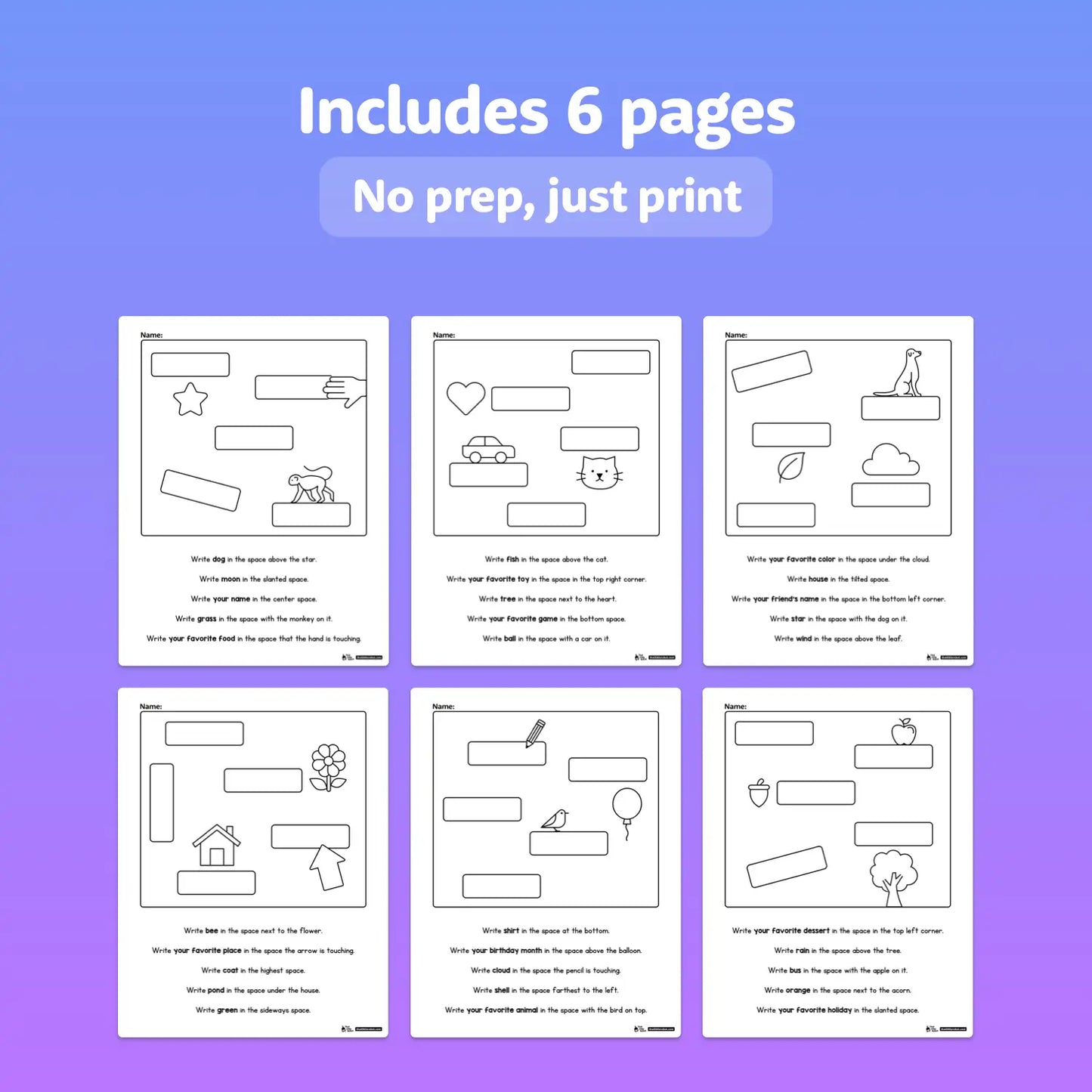 Preview of six black and white printable worksheet pages with various activities.