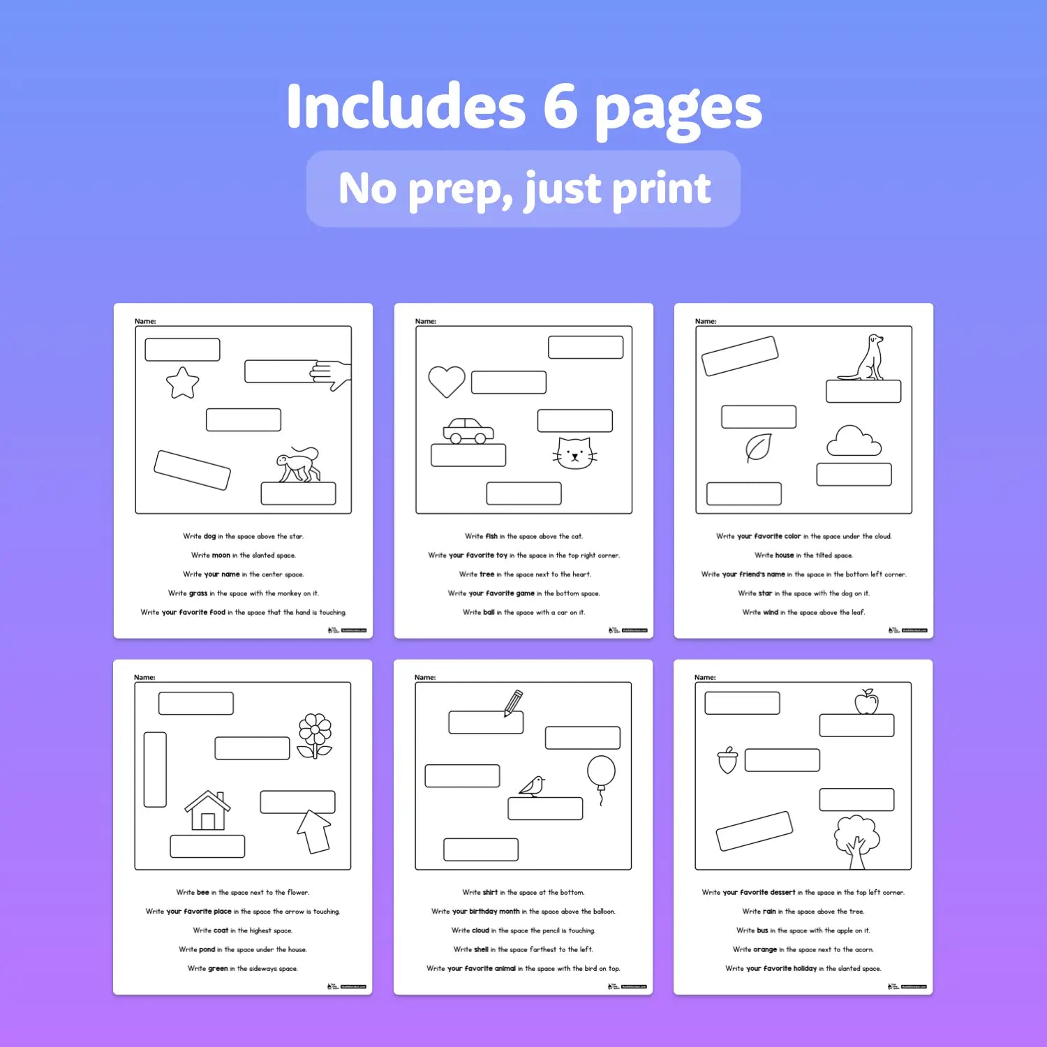 Preview of six black and white printable worksheet pages with various activities.