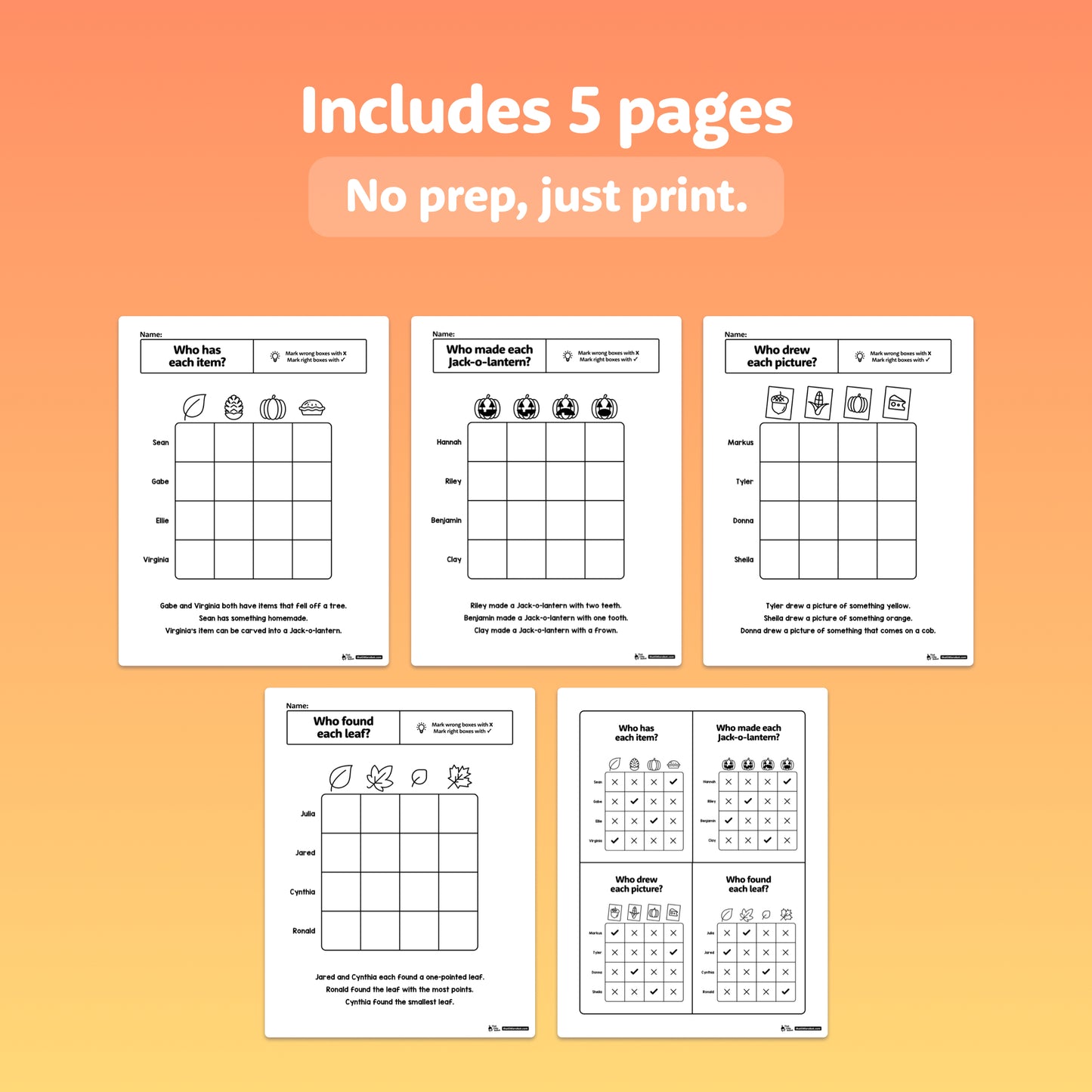 Five pages of logic puzzle worksheets for children are displayed in a preview.