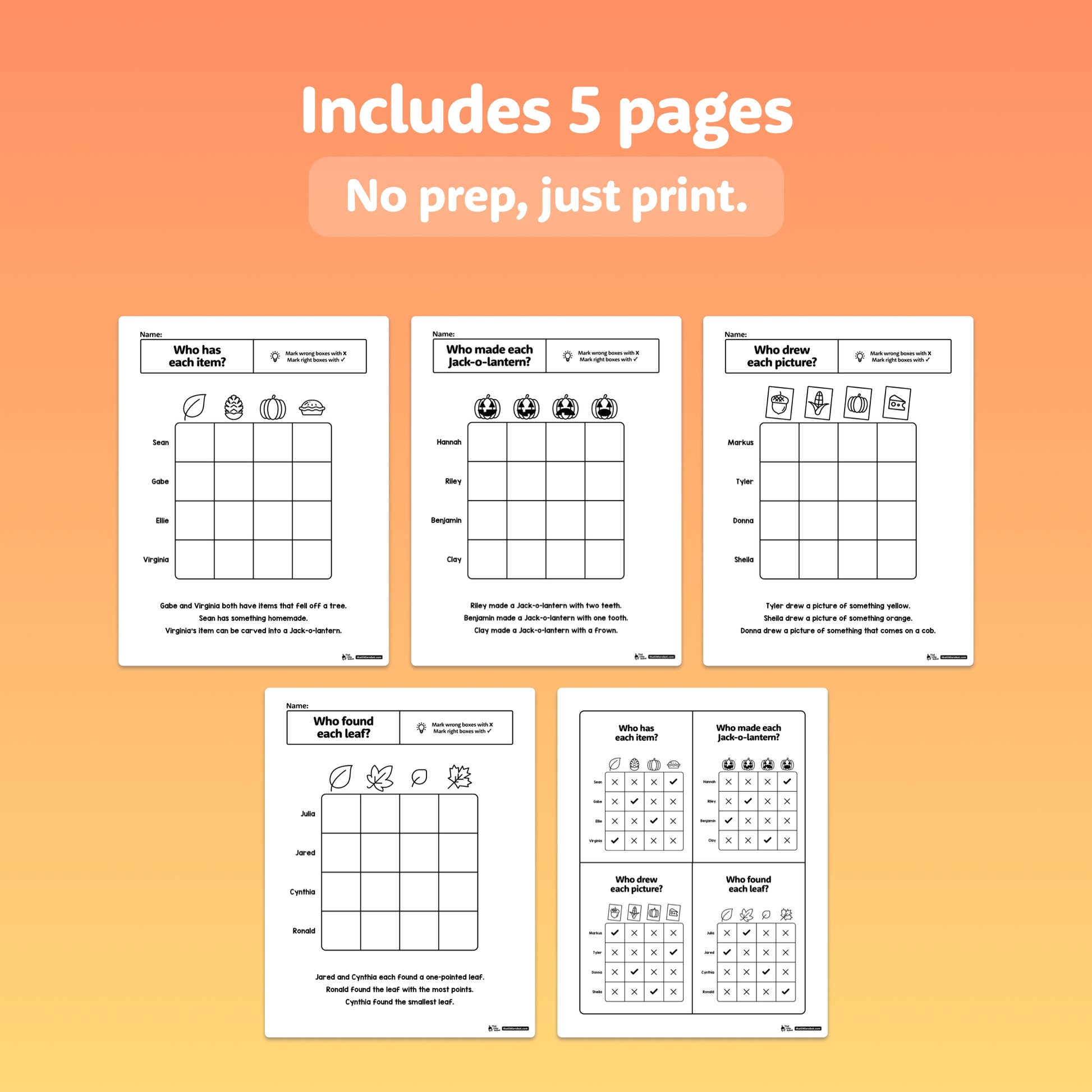 Five pages of logic puzzle worksheets for children are displayed in a preview.