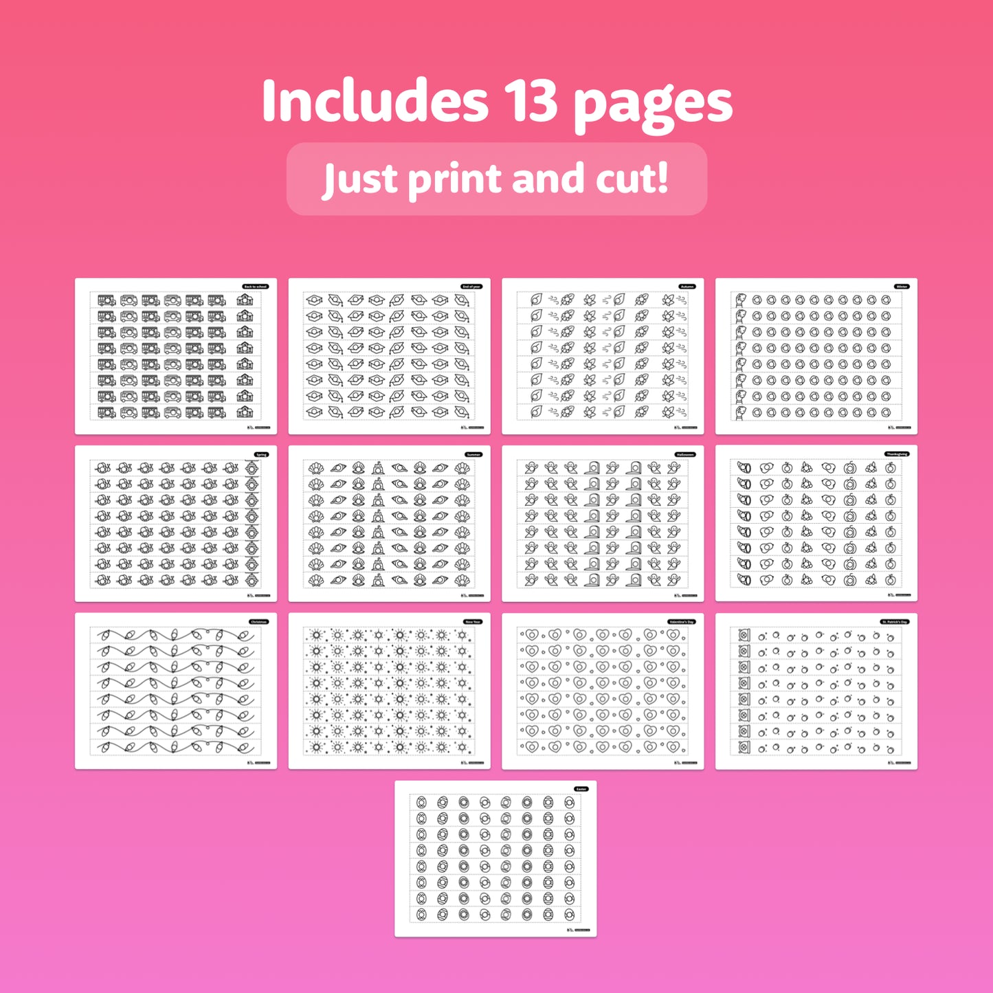 Thirteen printable strips display emoji faces, each with holes to punch.