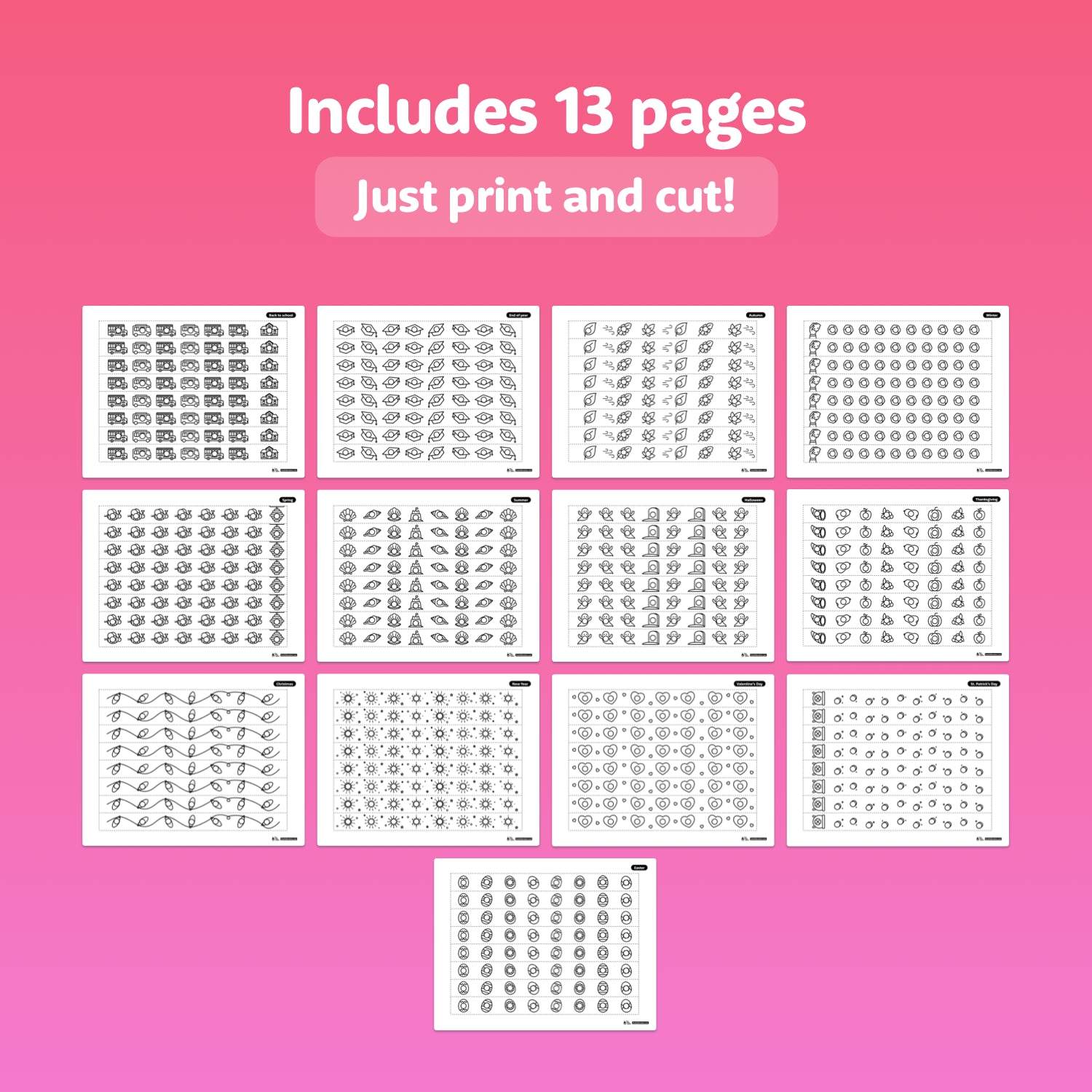 Thirteen printable strips display emoji faces, each with holes to punch.