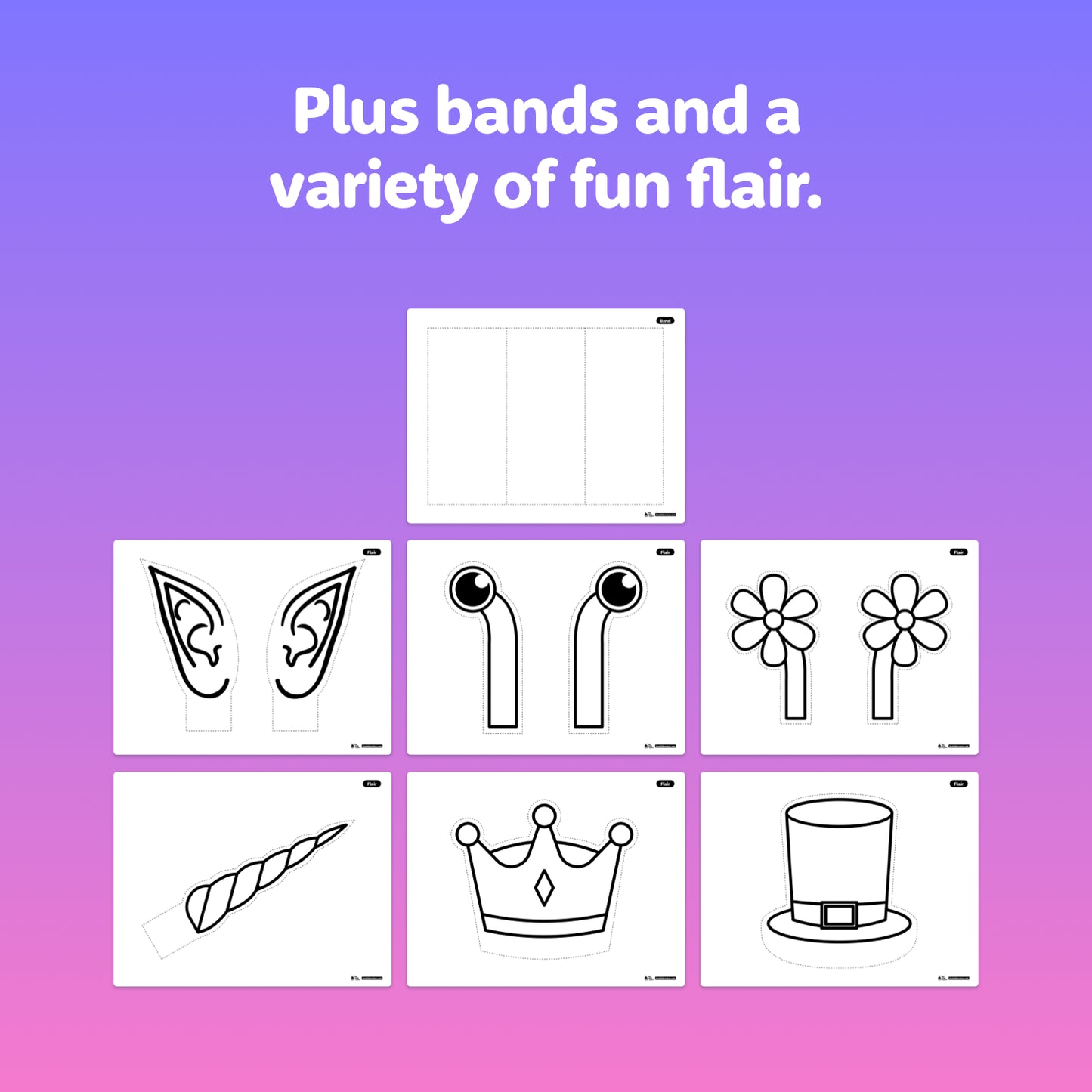 Printable hats with bands, elf ears, eyes, flowers, and a unicorn horn.