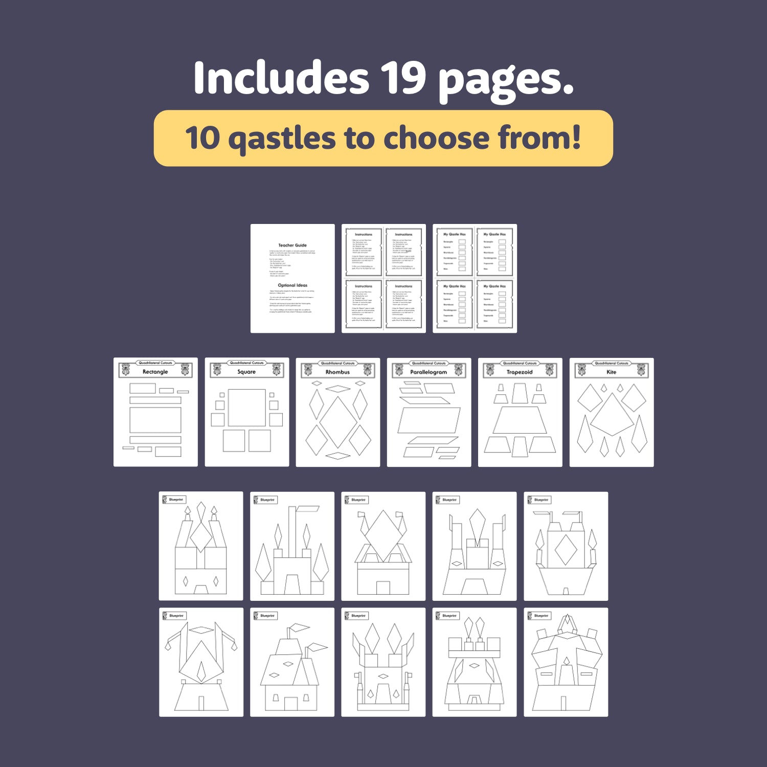 Nineteen printable pages showing ten unique quadrilateral craft designs.