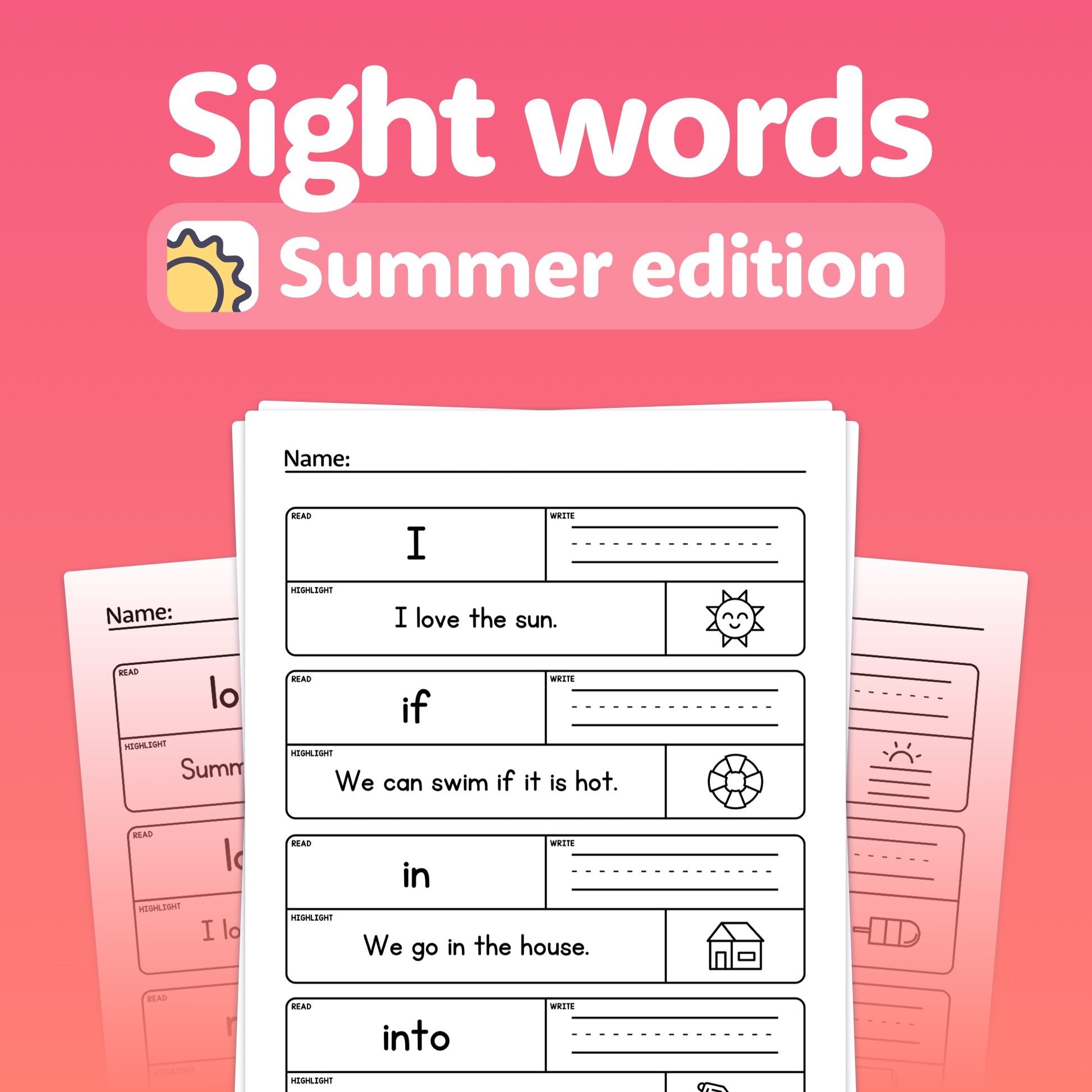 Summer-themed sight words worksheets with words: 'I', 'if', 'in', 'into'.