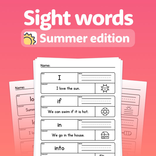 Summer-themed sight words worksheets with words: 'I', 'if', 'in', 'into'.