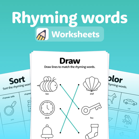 Rhyming Words Worksheets for matching, sorting, and coloring activities.