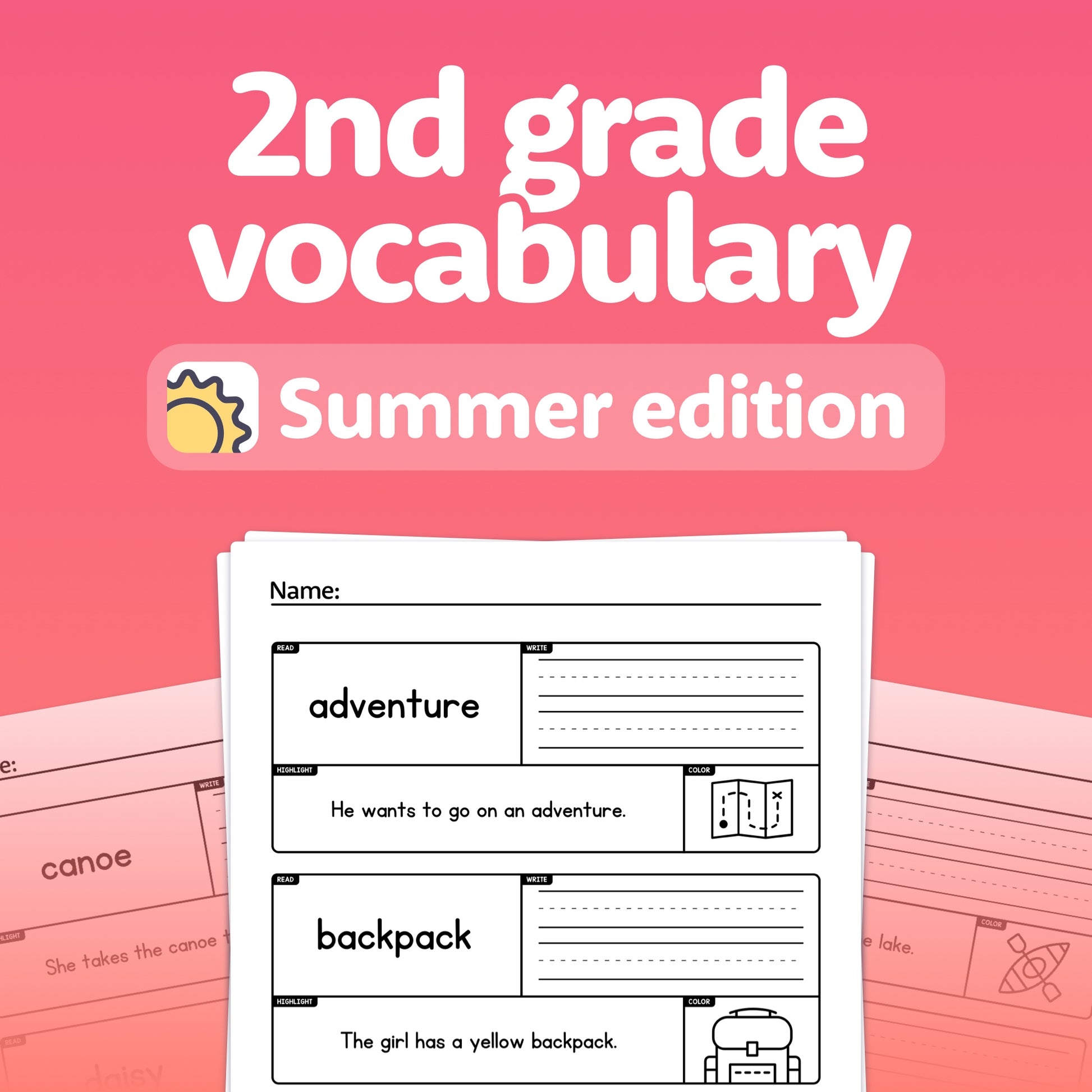 Worksheet titled "Summer Vocabulary: 2nd Grade Worksheets" with 'Summer edition' text.