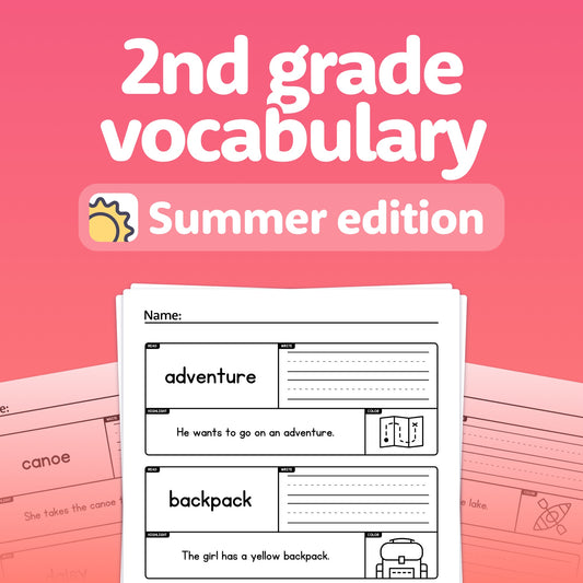 Worksheet titled "Summer Vocabulary: 2nd Grade Worksheets" with 'Summer edition' text.