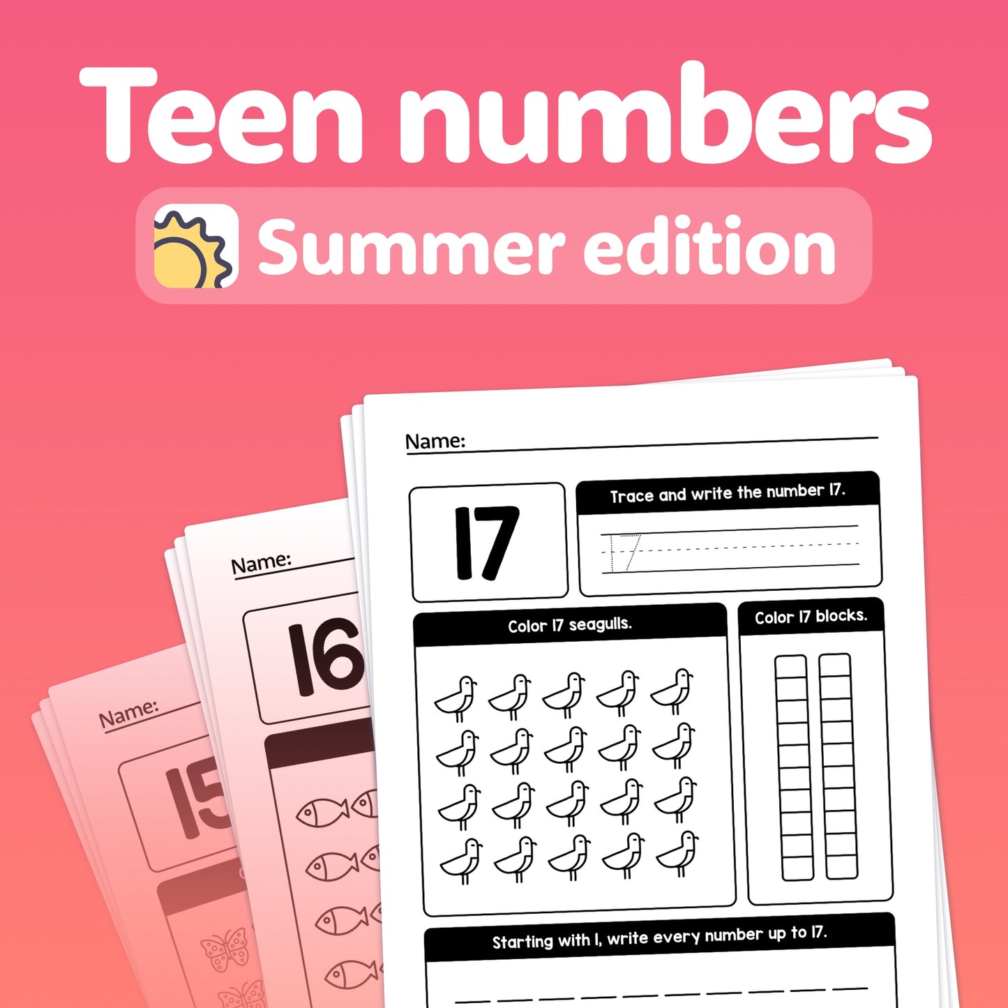 Teen Numbers Worksheets with summer-themed activities.