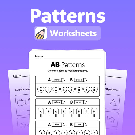 AB pattern coloring exercise worksheet with an example shown.