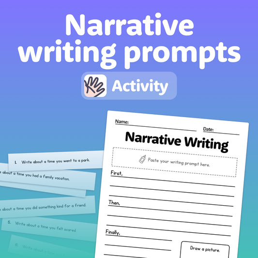 Narrative Writing Prompts worksheet with spaces to draw and write a story.