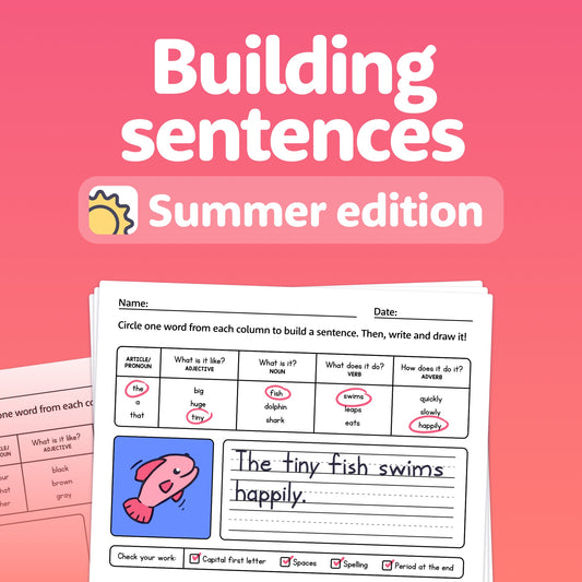 Educational worksheet titled "Summer Building Sentences Worksheets" with fish examples.