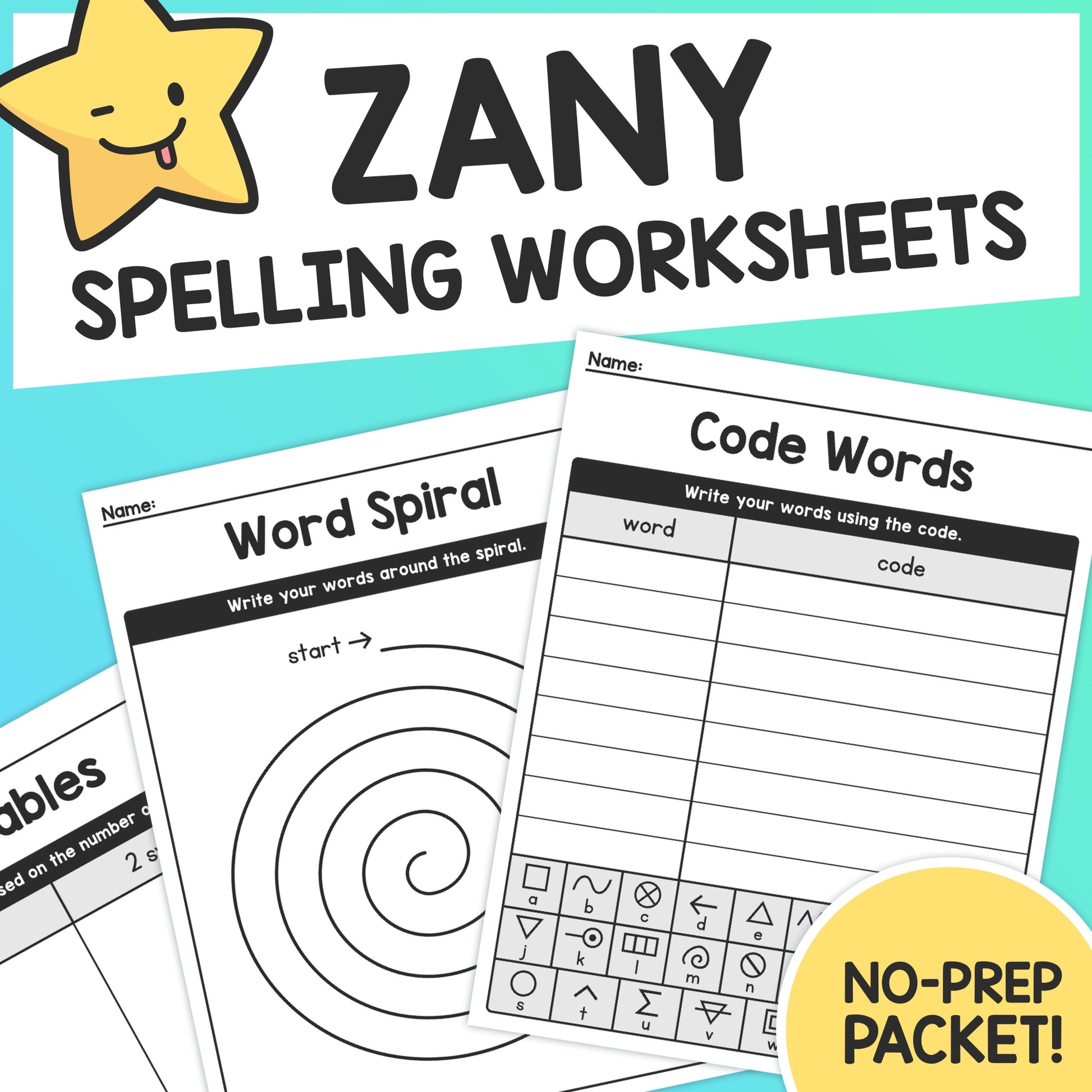 Three spelling worksheets with a star mascot and labeled "No-Prep Packet.