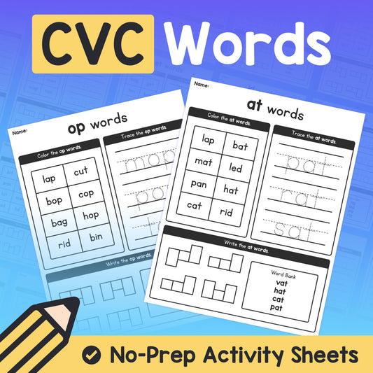 No prep kindergarten CVC words activities