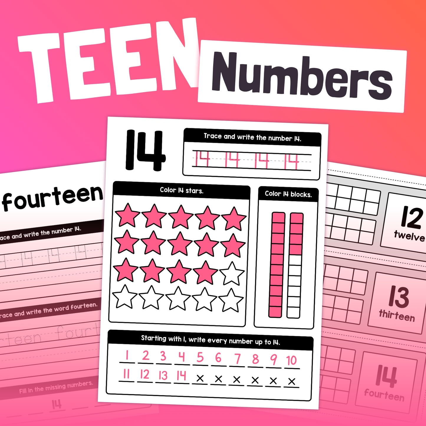 Worksheets for learning the number 14 with tracing and coloring exercises.