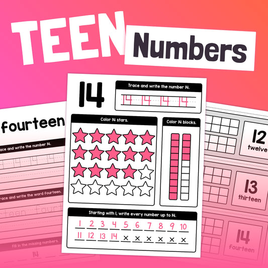 Worksheets for learning the number 14 with tracing and coloring exercises.