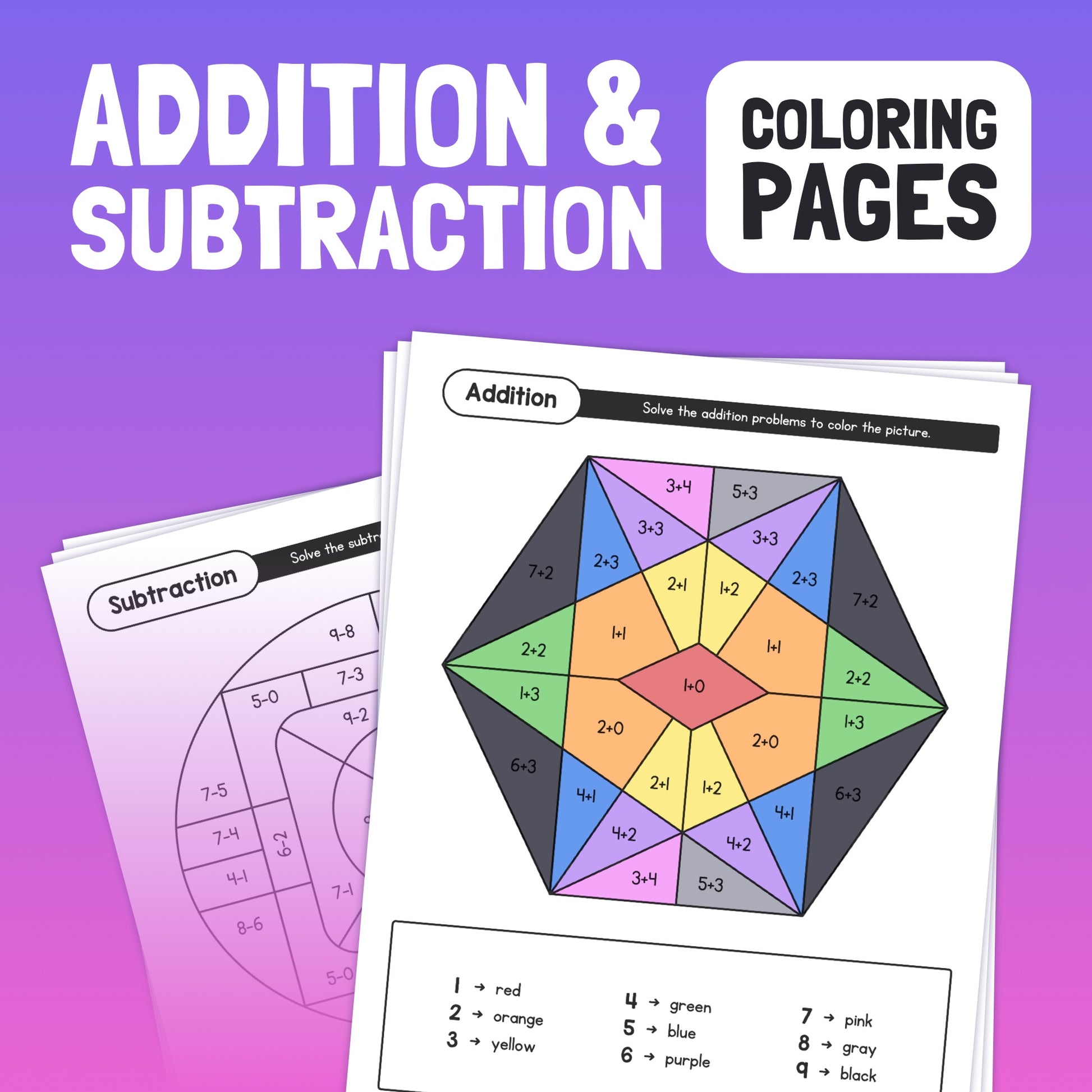 1st grade addition & subtraction coloring pages