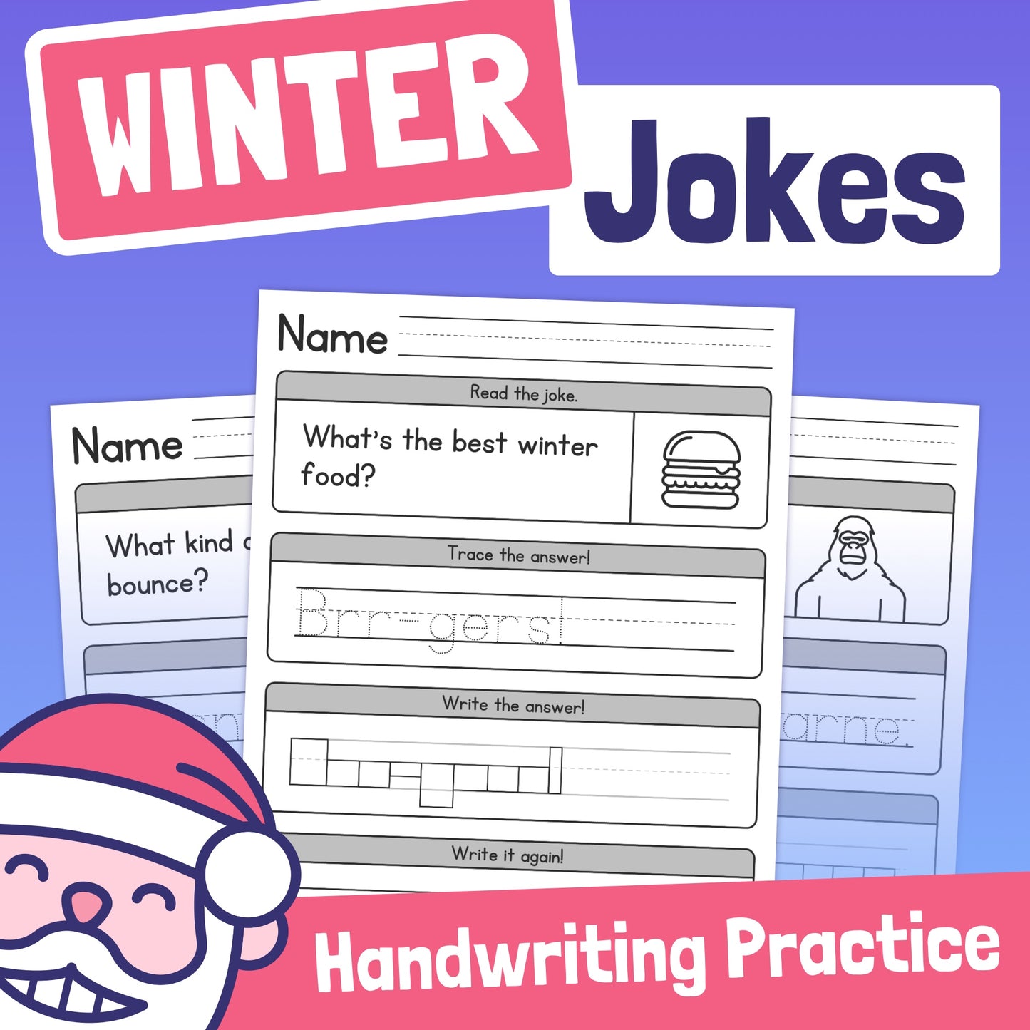 Handwriting worksheets with winter jokes and Santa illustration.