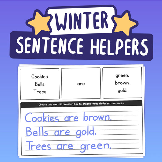 Educational worksheets with words and sentences on cards for winter themed activities.