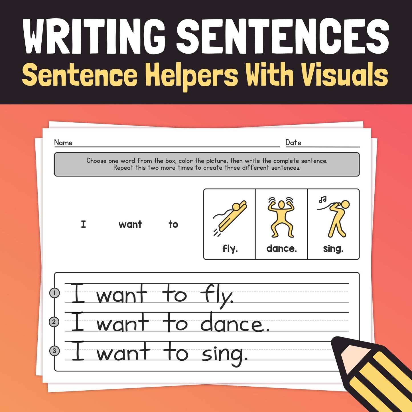 Sentence Helper Worksheets with visuals for verbs: fly, dance, sing activities.