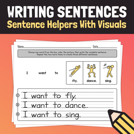 Sentence Helper Worksheets with visuals for verbs: fly, dance, sing activities.