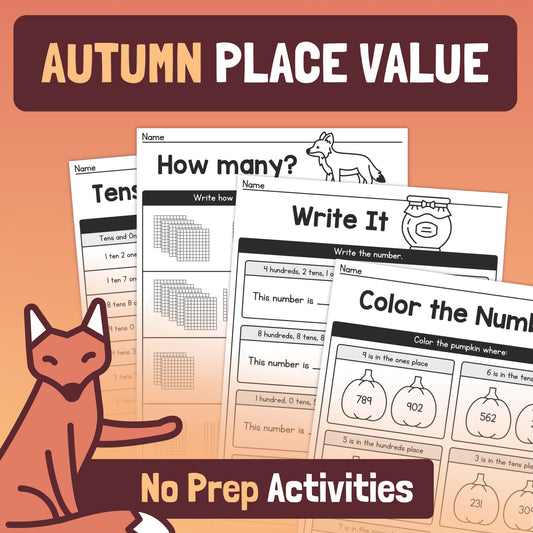 Autumn place value activities for kindergarten, 1st, and 2nd grade
