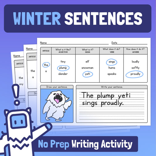 Winter sentence writing worksheets with a singing yeti illustration.