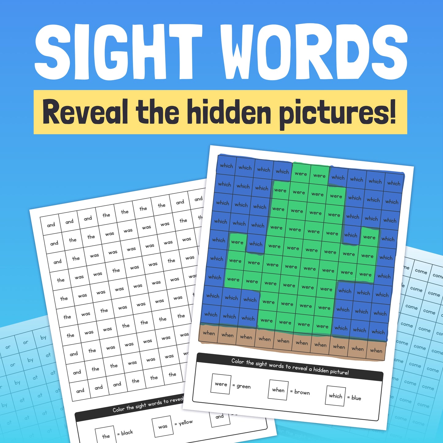 Sight word worksheets with hidden images revealed by colored words.