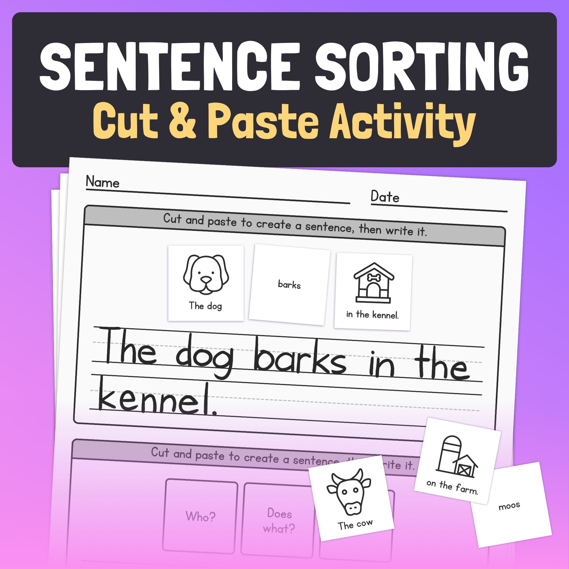 Sentence Sorting Worksheets with a cut and paste dog sentence activity.