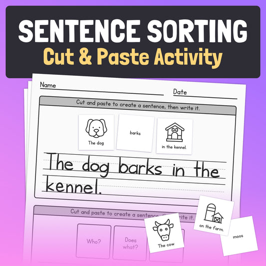 Sentence Sorting Worksheets with a cut and paste dog sentence activity.