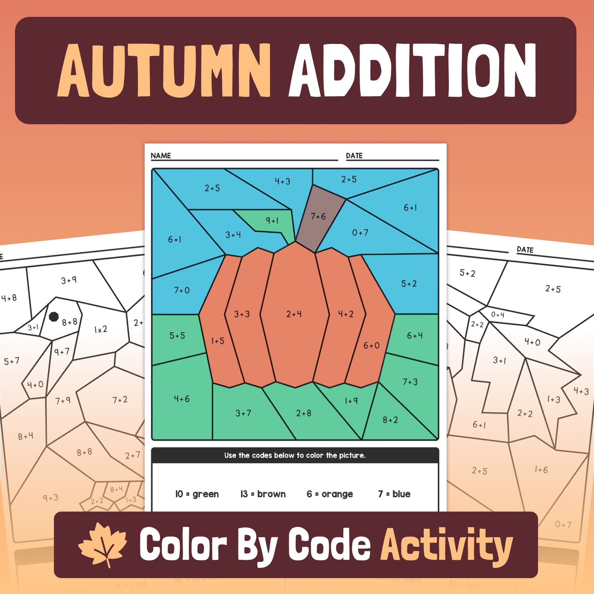 Autumn kindergarten addition worksheets