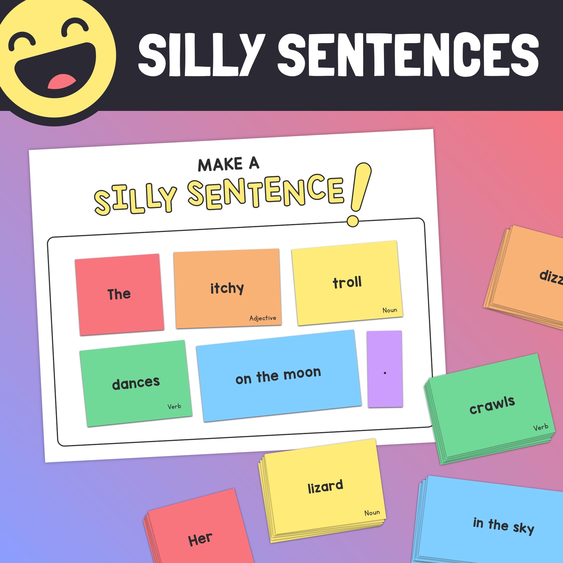 Card game titled "Silly Sentences Activity" with words to create humorous sentences.