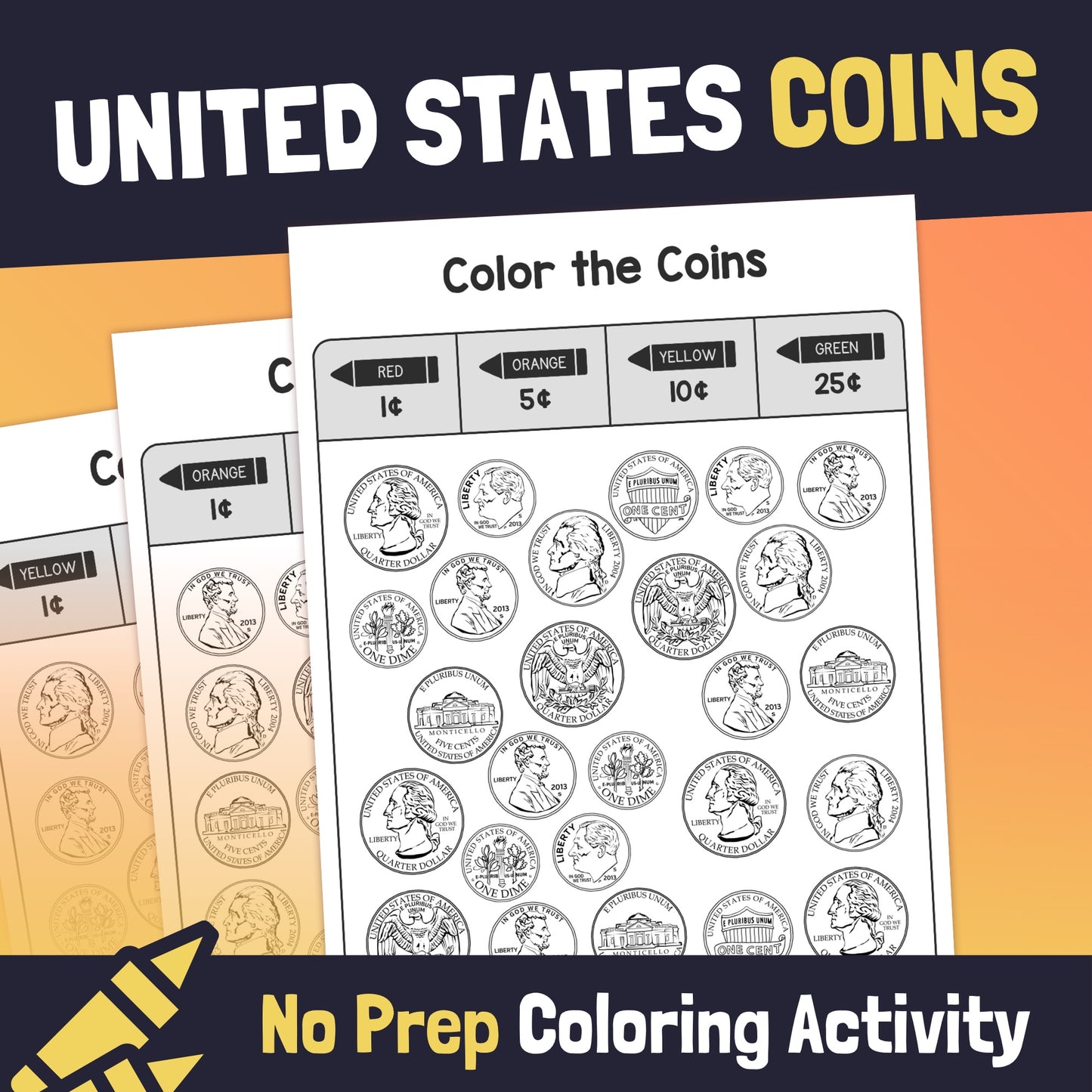 U.S. coins coloring worksheets with various coin illustrations.