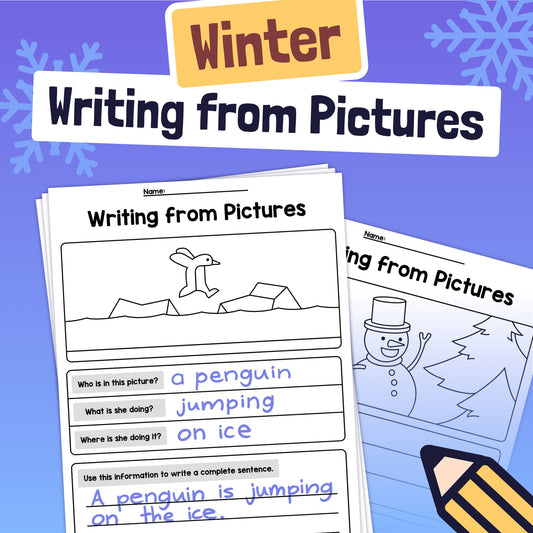 Winter writing worksheets with prompts to write about penguins and snowmen.