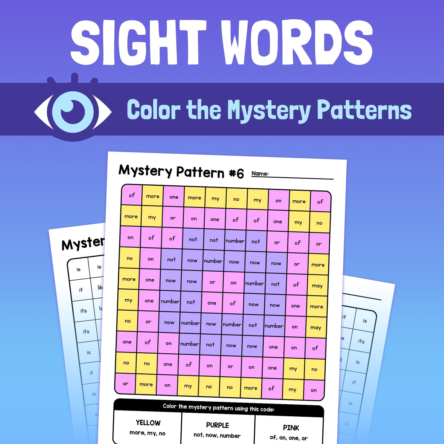 Sight word worksheet with color-coded grid and mystery picture activity.