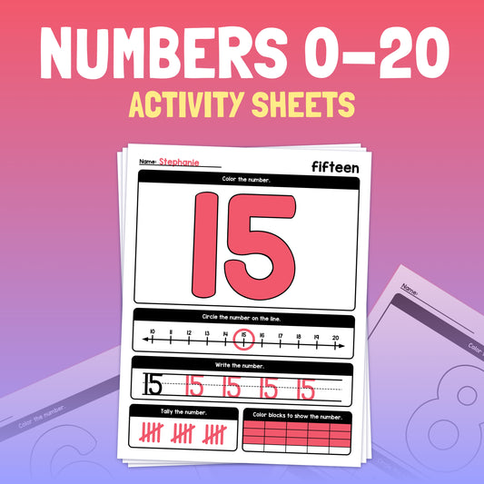 Numbers 0-20 worksheets focused on the number 15.