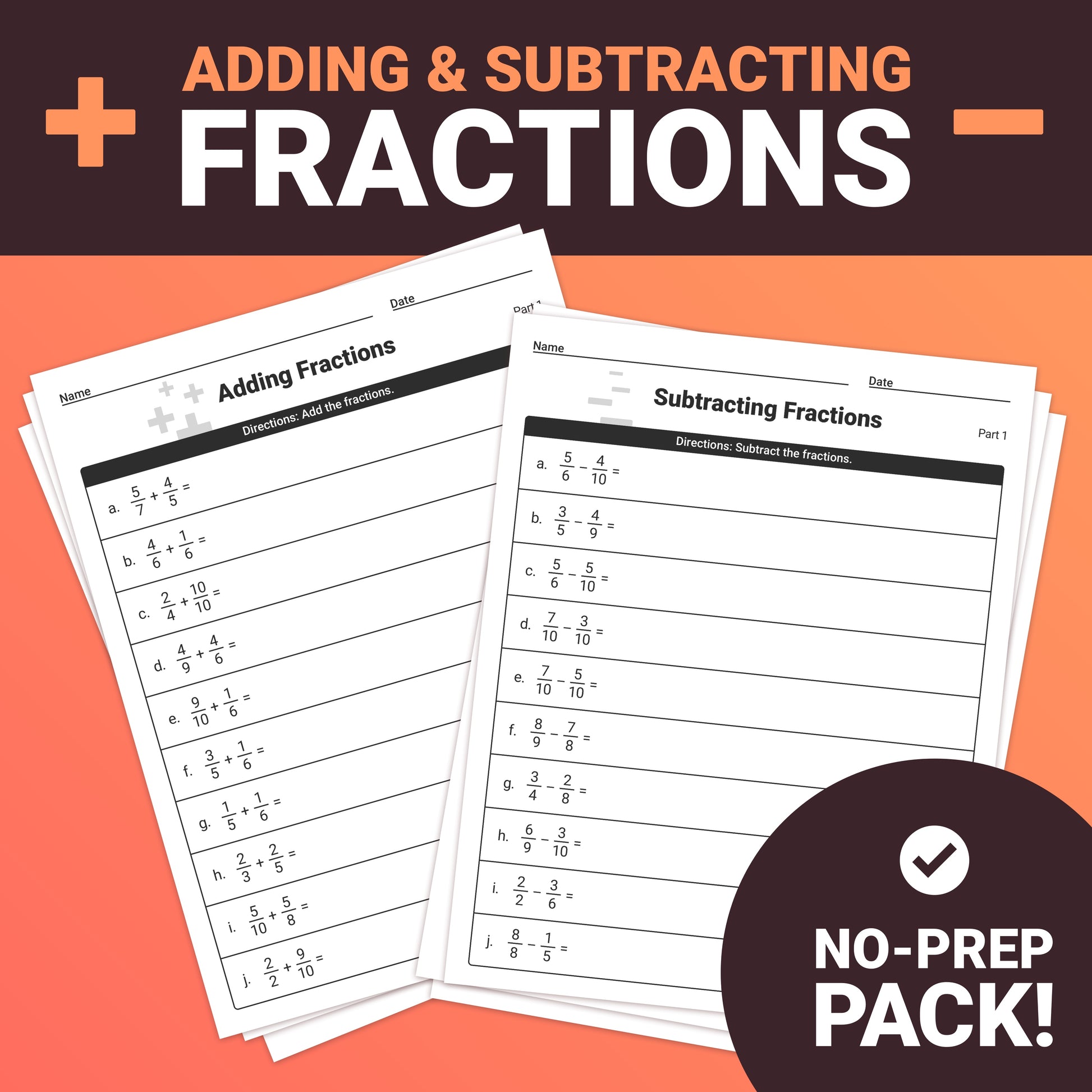 Adding & subtracting fractions printable assessments