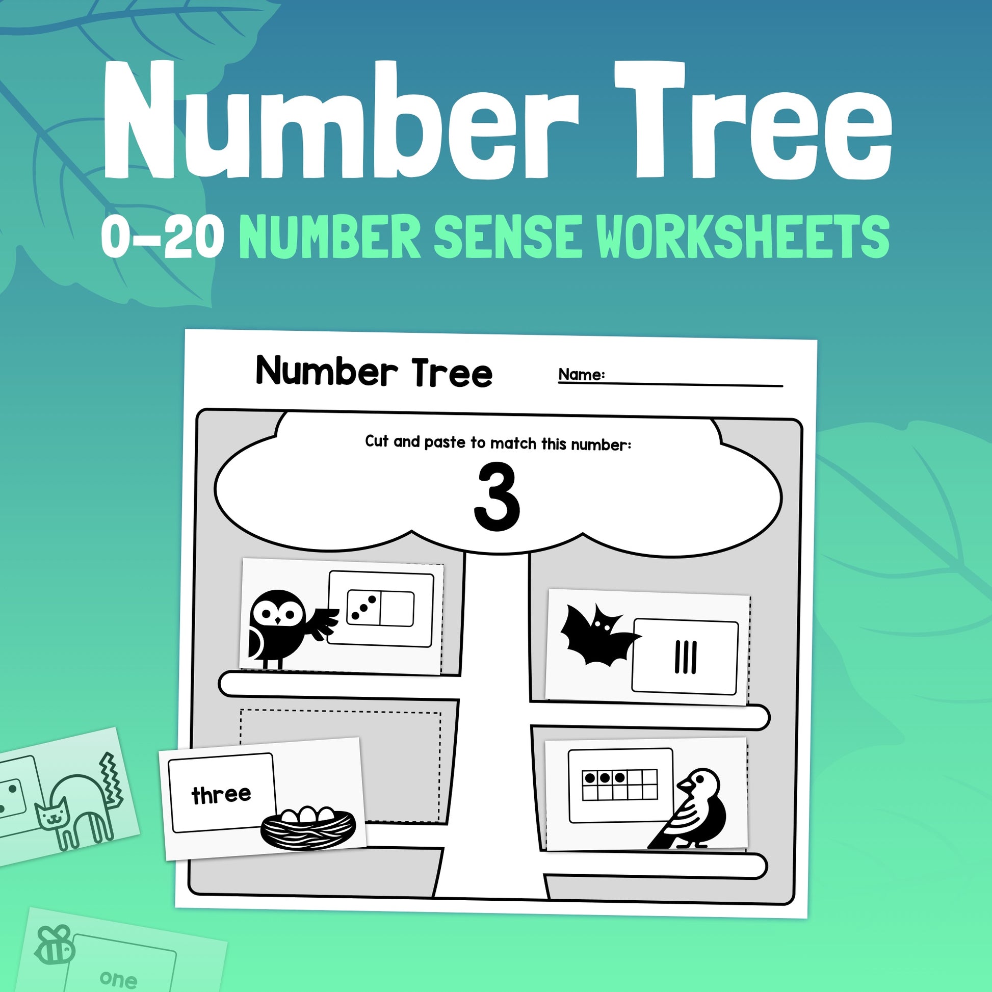 Worksheets for matching the number 3 with corresponding images and words.