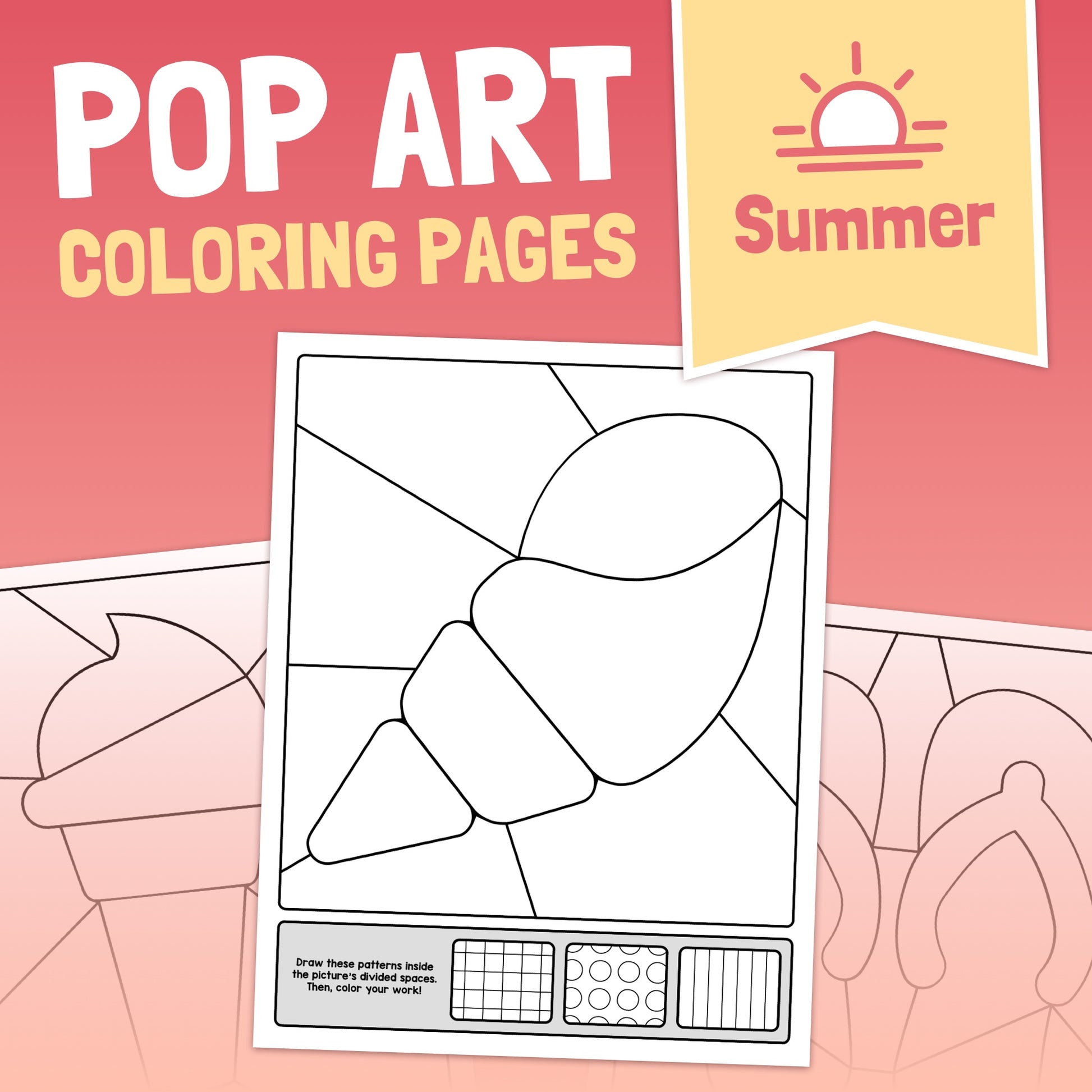 Printable PDF with ice cream cone and "Summer" banner coloring sheets.