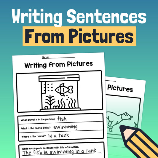 Worksheets with exercises using images of a fish and a dog to aid in sentence writing.