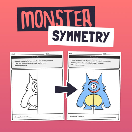 Two symmetry worksheets, each with a partially drawn monster.