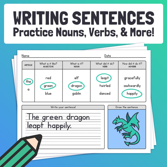 Worksheets with exercises on writing sentences, nouns, verbs, and a dragon.