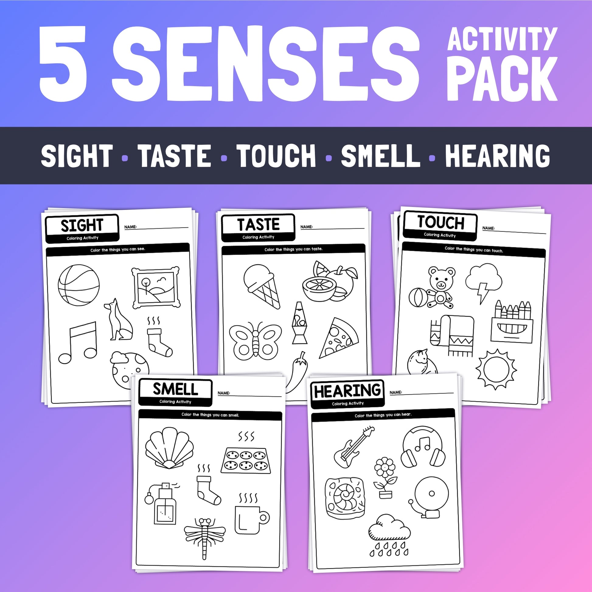 5 senses activity pack: sight, taste, touch, smell, and hearing.