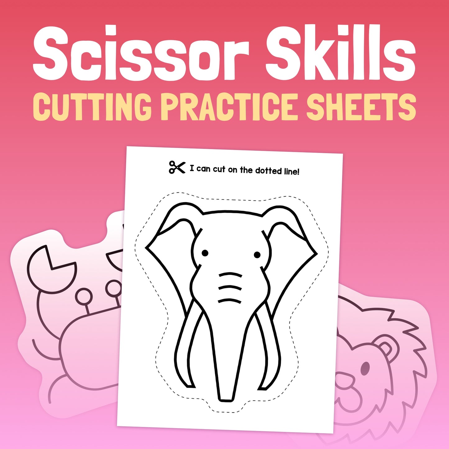 Worksheets showing cut-out practice shapes of an elephant, crab, and lion.